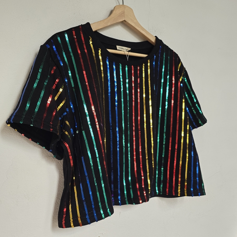 Mainstrip Black Multicolor Sequin Stripe Boxy Cropped Top Size M Party Shirt - Picture 5 of 11